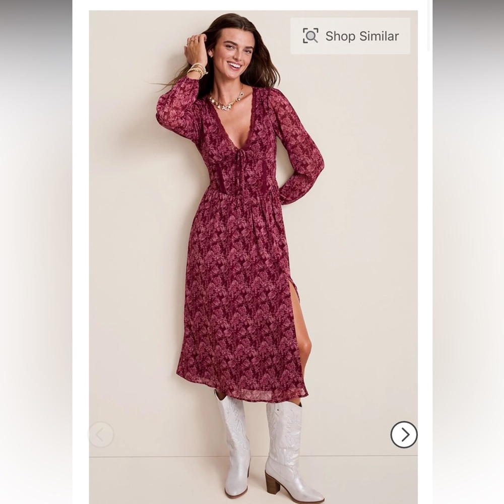Francesca's Collections Burgundy Floral Tie-Front Maxi Dress